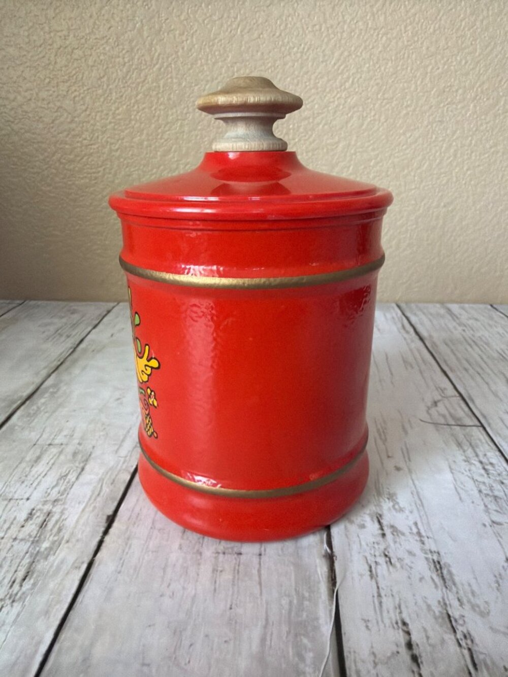 MCM Kromex Small Canister Red Birds Floral Enamel Metal K-679 USA - Replacement - Picture 2 of 11